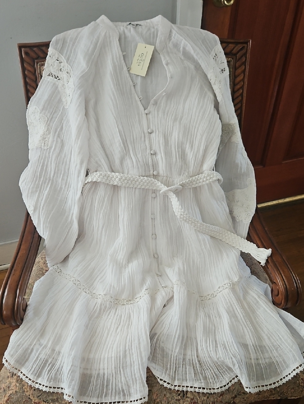 G by Guess White Long-Sleeve Gauze Button Dress with Braided Belt